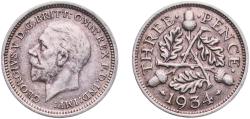 World Coins - Great Britain United Kingdom Kingdom 1934 3 Pence - George V (4th issue) Silver (.500) Royal Mint (Tower Hill) (7405900) 1.4g AU  KM 831 Sp 4042
