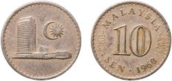 World Coins - Malaysia Federal elective constitutional monarchy 1968 10 Sen - First Series - Parliament Copper-nickel (75% Copper, 25% Nickel) Royal Mint (Tower Hill) (128292000) 2.83g XF  KM 3