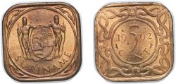 World Coins - Suriname Dutch colony 1962 5 Cents Brass (2200000) 3.95g UNC KM 12.1 Schön 2 Scholt I 1306-1309 CNO 77.8