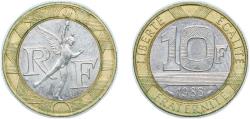 World Coins - France Fifth Republic 1988 10 Francs Bimetallic: nickel centre in aluminium bronze ring (99992576) 6.5g UNC F 375 Schön 259 KM 964.1 Gad 827