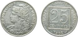 World Coins - France Third Republic 1903 25 Centimes Nickel Paris Mint 6.85g XF  Franc 2014 168 Gad 1789 362 Schön 184 KM 855