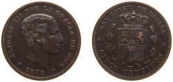 World Coins - Spain Kingdom 1878 OM 5 Centimos - Alfonso XII Bronze (95% copper, 4% tin, 1% zinc) Barcelona Mint (67954000) 5g XF KM 674