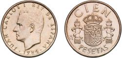 World Coins - Spain Kingdom 1984 M 100 Pesetas - Juan Carlos I (value as "CIEN") Aluminium bronze (88.4% copper, 5% nickel, 5% aluminium, 1% iron, 0.6% manganese) Royal Mint of Spain (208000000
