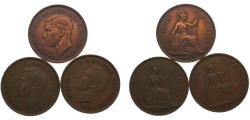 World Coins - Great Britain United Kingdom George VI 1937, 1938, 1944 1 Penny 3 Lots