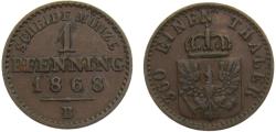 World Coins - Germany States Kingdom of Prussia Wilhelm I 1868 B 1 Pfenning 1.5g