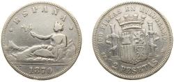 World Coins - Spain Provisional Government 1870 *18-74 DEM 2 Pesetas - Provisional Government Silver (.835) Madrid Mint (14892932) 10g VF KM 654
