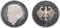 World Coins - Germany Federal Republic of Germany 2000 J 2 Deutsche Mark (Franz Josef Strauss) Copper-nickel clad nickel Hamburgische Münze Mint (70000) 7g PF KM 175 J 450 Schön 174