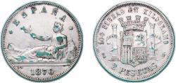 World Coins - Spain Provisional Government 1870 *18-75 2 Pesetas - Provisional Government Silver (.835) Madrid Mint 9.83g XF KM 654