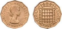 World Coins - Great Britain United Kingdom Kingdom of England 1954 3 Pence - Elizabeth II (1st portrait; without 'BRITT:OMN') Nickel brass (79% Cu, 20% Zn, 1% Ni) Royal Mint (Tower Hill) (41720