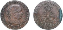 World Coins - Spain Kingdom 1868 OM 5 Centimos de Escudo - Isabel II Bronze Sevilla 12.25g VF KM 635 Cal 622