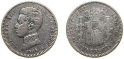 World Coins - Spain Kingdom 1905 *19-0? SMV 1 Peseta - Alfonso XIII (4th portrait) Silver (.835) Madrid Mint (492000) 5g VF KM 721