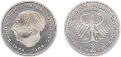 World Coins - Germany Federal Republic of Germany 1974 J 2 Deutsche Mark (Theodor Heuss) Copper-nickel clad nickel (Cladding: 75% Copper, 25% Nickel; Core: 100% Nickel) Hamburgische Münze Mint