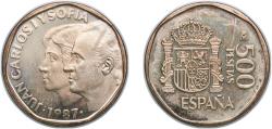 World Coins - Spain Kingdom 1987 M 500 Pesetas - Juan Carlos I Aluminium bronze (88.4% copper, 5% nickel, 5% aluminium, 1% iron, 0.6% manganese) (400000000) 12.18g UNC KM 831 Schön 59