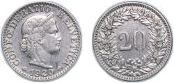 World Coins - Switzerland Federal State 1920 B 20 Rappen (Libertas; nickel) Nickel Bern Mint (3100000) 4.03g XF HMZ 2 1208 Divo/Tob19 311 KM 29 Schön 26 Y 25a