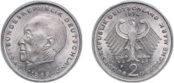 World Coins - Germany Federal Republic of Germany 1974 F 2 Deutsche Mark (Konrad Adenauer) Copper-nickel clad nickel (Cladding: 75% Copper, 25% Nickel; Core: 100% Nickel) Staatliche Münze Baden