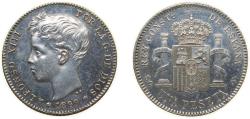 World Coins - Spain Kingdom 1899 SGV 1 Peseta - Alfonso XIII (3rd portrait) Silver (.835) Madrid Mint 5g UNC KM706 Cal41