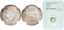 World Coins - Spain Kingdom 1894 *9-4 PGV 50 Centimos - Alfonso XIII (2nd portrait) Silver (.835) Madrid Mint (1109205) 2.5g NGC AU  KM 703 Cal 58