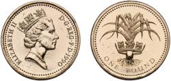World Coins - Great Britain United Kingdom Kingdom 1990 1 Pound - Elizabeth II (3rd portrait; Welsh Leek) Nickel brass Royal Mint (97269300) 9.54g UNC  KM 941 Sp J3