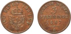 World Coins - Germany Kingdom of Prussia German states 1867 A 3 Pfenninge - William I Copper Berlin Mint 4.33g XF  AKS 106 Old/Mue 2 424, 427, 431 KM 482 Neum 17 Schr 162-188