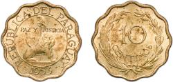World Coins - Paraguay Republic 1953 10 Céntimos Nickel brass (79% Copper, 20% Zinc, 1% Nickel) Royal Mint (Tower Hill) (5000000) 3g UNC KM 25 Schön 20