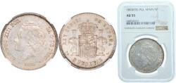 World Coins - Spain Kingdom 1893 *18-93  PGL 5 Pesetas - Alfonso XIII (2nd portrait) Silver (.900) Madrid Mint (2500000) 25g NGC AU 55  KM 700