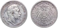 World Coins - Germany Kingdom of Prussia Second Empire 1895 A 5 Mark - Wilhelm II Silver (.900) (Ag 900, Cu 100) Berlin Mint (831025) 27.6g VF  KM 523 AKS 129 J 104 Dav GT III 789