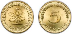World Coins - Germany Federal Republic of Germany 1950 F 5 Pfennigs Brass clad steel (90% Iron, 10% Brass) Staatliche Münze Baden-Württemberg (362880000) 2.98g UNC KM 107 J 382 Schön 105