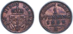 World Coins - Germany Kingdom of Prussia German states 1868 B 1 Pfenning - William I Copper Hanover Mint 1.45g XF AKS 108 Old/Mue 2 426, 429, 433 KM 480 Kahnt/Schön 84 Neum 19