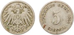 World Coins - Germany Second Empire 1893 J 5 Pfennig - Wilhelm II (type 2 - small shield) Copper-nickel (Cu 750, Ni 250) Hamburgische Münze (1544185) 2.3g VF  KM 11 AKS 16 J 12 Schön 12 Neum 32