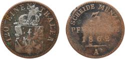 World Coins - Germany Kingdom of Prussia German states 1862 A 3 Pfenninge - William I Copper Berlin Mint 4.24g F  AKS 106 Old/Mue 2 424, 427, 431 KM 482 Neum 17 Schr 162-188
