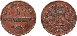 World Coins - Germany Kingdom of Bavaria Second Empire 1871 1 Pfenning - Maximilian II Copper Munich Mint (1534000) 1.19g VF  AKS 161, 185 Jaeg 5 Bay 91 KM 856 Wittelsbach 2889