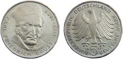 World Coins - Germany Federal republic 1977 J 5 Deutsche Mark 200th Anniversary of the birth of Carl Friedrich Gauss