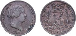 World Coins - Spain Kingdom 1857 25 Centimos de Real - Isabel II Copper Segovia Mint 9.11g XF KM 615.2 Cal 592