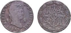 World Coins - Spain Kingdom 1833 8 Maravedis - Fernando VII (2nd portrait) Copper Segovia Mint 11.14g VF KM 486.1 Cal 1697