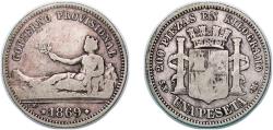 World Coins - Spain Provisional Government 1869 SN-M 1 Peseta - Provisional Government Silver (.835) Madrid Mint (7000000) 4.75g VF KM 652 Cal 14