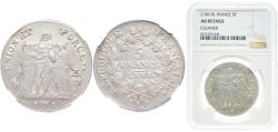 World Coins - France First Republic LAN 8 (1799) L 5 Francs Union et Force, UNION untight, with inner acorns and outer acorn With traces of luster Silver (.900) Bayonne Mint 25g NGC AU  Franc 2
