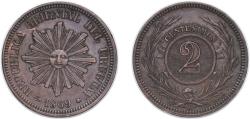 World Coins - Uruguay Oriental Republic of Uruguay 1869 A 2 Centésimos Bronze (3000000) 10.41g XF KM 12 SA 16 SA 19 CG 17 CG 18