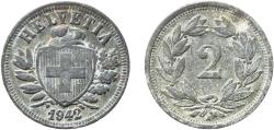World Coins - Switzerland Federal State 1942 B 2 Rappen (Wreath; zinc) Zinc Bern Mint (8954000) 2.4g XF  HMZ 2 1213 Divo/Tob19 324 KM 4.2b Schön 16a Y 19a