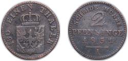 World Coins - Germany Kingdom of Prussia German states 1851 A 2 Pfennigs - Frederick William IV Copper Berlin Mint 2.85g VF AKS 91 Old/Mue 2 336, 349 Jaeg 9 Pr 51 KM 452, 452a Neum 37, 50