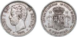 World Coins - Spain Kingdom 1871 *18-71 SDM 5 Pesetas - Amadeo I Silver (.900) Madrid Mint (13641162) 25g VF Rim Damage KM 666 Cal 5