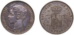 World Coins - Spain Kingdom 1899 *18-99 SGV 1 Peseta - Alfonso XIII (3rd portrait) Silver (.835) Madrid Mint 5g AU KM706