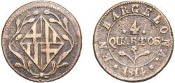 World Coins - Spain Principality of Catalonia Kingdom 1814 4 Quartos Copper Barcelona Mint 8.69g VF Cal 77 KM 77 Aureo 22