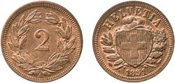 World Coins - Switzerland Federal State 1851 A 2 Rappen (Wreath; bronze; light type) With traces of luster Bronze (95% copper, 4% tin, 1% zinc) Paris Mint (3720000) 2.51g UNC  HMZ 2 1213 Divo/T