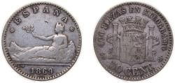 World Coins - Spain Provisional Government 1869 *6-9 SNM 50 Centimos Silver (.835) Madrid Mint (452726) 2.5g VF KM651