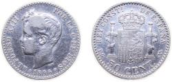 World Coins - Spain Kingdom 1896 *9-6 PGV 50 Centimos - Alfonso XIII (3rd portrait) Silver (.835) Madrid Mint (296930) 2.5g VF KM705