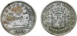 World Coins - Spain Provisional Government 1869 SNM 2 Pesetas - Provisional Government Silver (.835) Royal Mint of Spain (3269853) 9.83g VF  KM 654