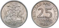 World Coins - Trinidad and Tobago British colony 1966 25 Cents - Elizabeth II Copper-nickel (75% Copper, 25% Nickel) The Franklin Mint (7200000) 3.55g UNC KM 4 Schön 4