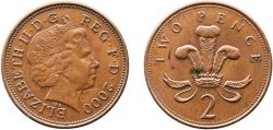 World Coins - Great Britain 2000 2 Pence - Elizabeth II (4th portrait; magnetic) Copper plated steel Royal Mint (536659000) 7.17g AU  KM 987 Sp C5