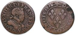 World Coins - France Kingdom 1614 D Double Tournois - Louis XIII (Lyon; 1st type) Copper Lyon Mint 2.5g VF CGKL 338 KM 43.2 Dy royales 1360