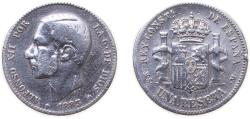 World Coins - Spain Kingdom 1883 MSM 1 Peseta - Alfonso XII (2nd portrait) Silver (.835) Madrid Mint (8445839) 5g VF KM686